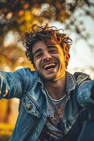 Portrait of a happy young man in the park on a sunny dayの素材