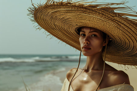 beautiful young woman in straw hat looking at camera while standing on beachの素材