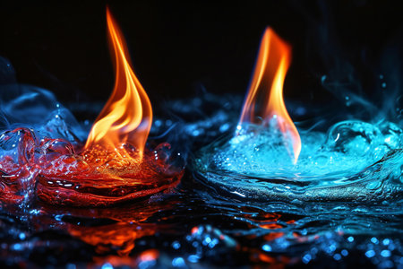 Fire flames on a black background with water drops and ripples.の素材