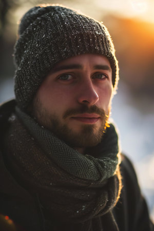 Portrait of a young man with a beard in a knitted cap and scarf.の素材
