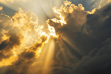 Sunset sky with clouds and sunbeams. Natural background.の素材