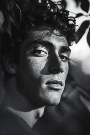 Portrait of young handsome man with curly hair. Black and white photo.の素材