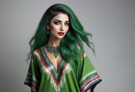 Fashionable young woman with green hair and bright make-upの素材