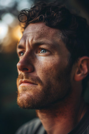 Close-up portrait of a handsome young man with frecklesの素材