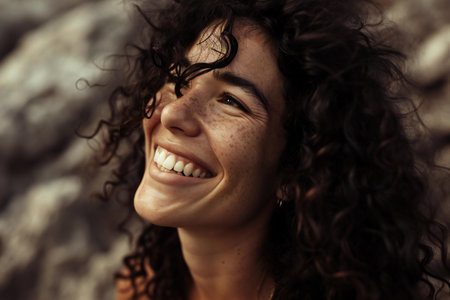 Portrait of a beautiful young woman with curly hair smiling at the cameraの素材