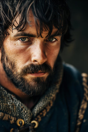 Portrait of a man with a beard and mustache in a medieval costumeの素材