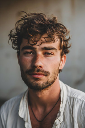 Portrait of a handsome young man with long curly hair. Men's beauty, fashion.の素材