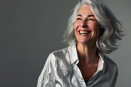 Portrait of a happy mature woman in a white shirt on a gray backgroundの素材