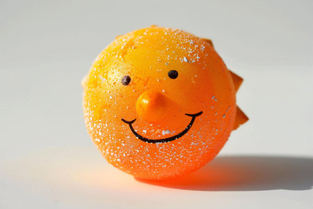 Orange with a smiley face on a white background with water dropsの素材