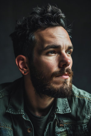 Portrait of a handsome young man with a beard on a dark backgroundの素材