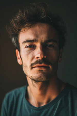 Portrait of a handsome young man on dark background. Men's beauty, fashion.の素材