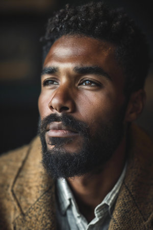 Portrait of a handsome young African American man with beard and mustacheの素材