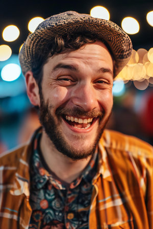 Portrait of a smiling young man in a hat at a flea marketの素材
