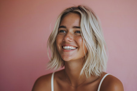 Portrait of a beautiful young woman with blond hair smiling on pink backgroundの素材