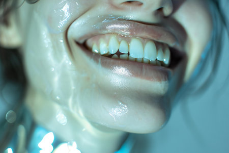 Dental hygiene concept. Close up of beautiful young woman with white teeth and clean fresh skinの素材