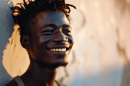 Close up portrait of a young african american man smiling outdoors.の素材