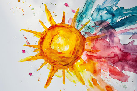 Sun with watercolor paint splashes on white background. Hand drawn illustrationの素材