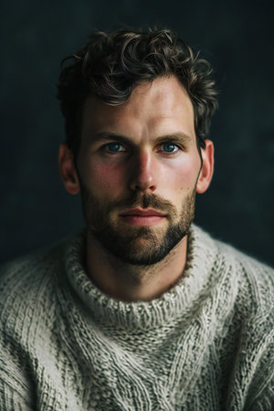 Portrait of a handsome young man with a beard in a sweater on a dark backgroundの素材