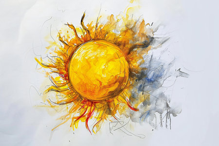 Sun on white background. Hand drawn watercolor illustration with sun.の素材