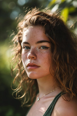 Portrait of a beautiful young girl with freckles on her faceの素材