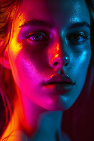 Close-up portrait of a beautiful young woman in neon light.の素材