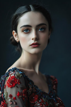 Portrait of a beautiful girl in a red dress on a dark backgroundの素材