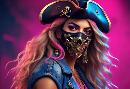 Portrait of a beautiful steampunk woman in leather jacket and mask over pink background.の素材