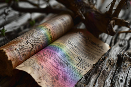Old book with a rainbow on a wooden background. Shallow depth of field.の素材
