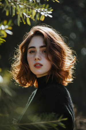 Portrait of a beautiful young girl with red hair in a black sweater in the forestの素材