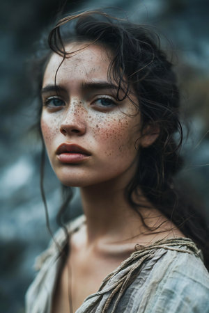 Portrait of a beautiful young woman with wet hair and brown eyesの素材
