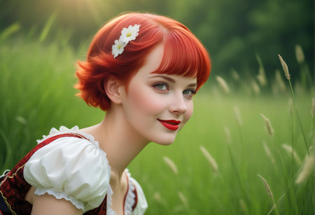 Portrait of beautiful young woman with red hair in the field.の素材