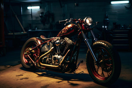 Close-up of a motorcycle in a garage. The concept of a custom motorcycle.の素材