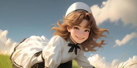 Little girl in a pilot costume sitting on the grass.の素材