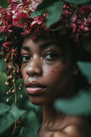 Close-up portrait of a beautiful african american woman with flowers in her hairの素材