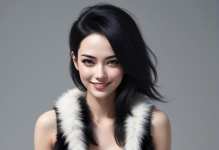 Beautiful asian woman with long black hair and white fur coatの素材
