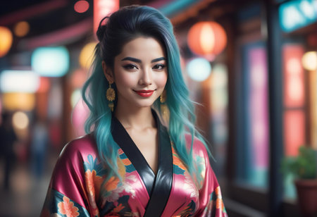 Portrait of beautiful asian woman in kimono at nightの素材