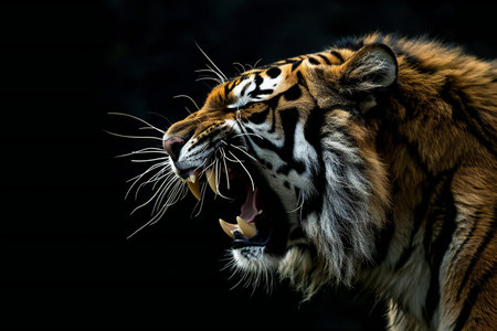 Close-up of tiger's mouth on black background, Panthera tigris altaicaの素材