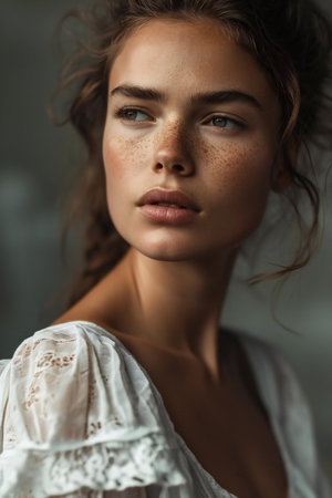 Close up portrait of beautiful young woman with freckles on face.の素材
