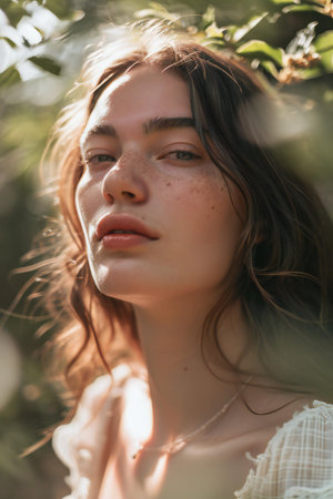 Portrait of a beautiful young woman with freckles on her faceの素材