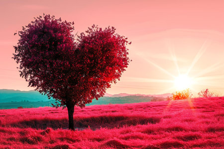 Valentine's day background with heart-shaped tree in the meadowの素材