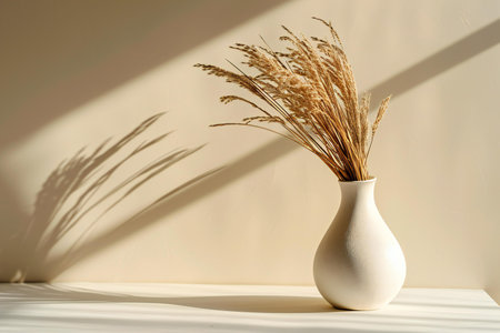 White vase with dry pampas grass on white wall backgroundの素材