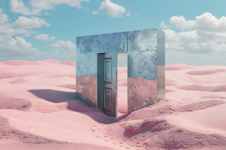 Conceptual illustration of open door on desert background with cloudsの素材