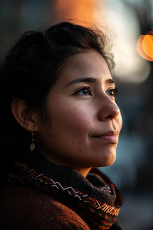 Portrait of a beautiful Asian woman in the city at sunset.の素材