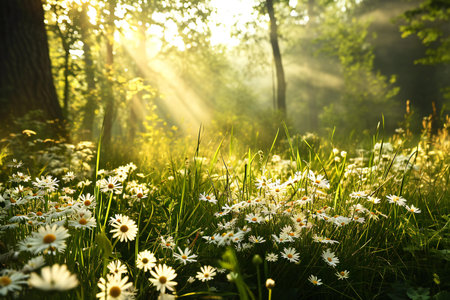 Beautiful daisies in the forest at sunrise. Summer landscape.の素材