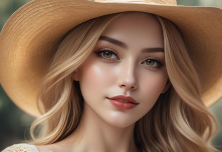 fashion outdoor photo of beautiful sensual woman with blond hair in elegant clothes and hatの素材