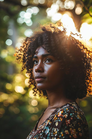 Portrait of a beautiful african american woman with curly hairの素材