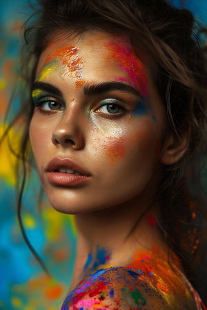 Portrait of beautiful young woman with creative make up and bodyart.の素材