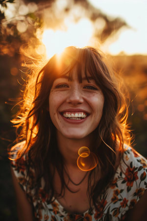 Portrait of a beautiful young woman with long wavy hair in the field at sunsetの素材
