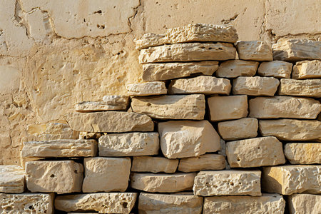 Close up of a wall made of natural stone bricks in the desertの素材