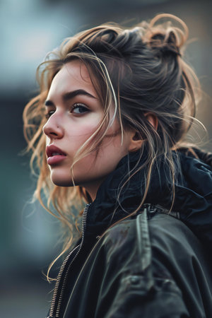 Portrait of a beautiful girl in a black leather jacket. Outdoor.の素材